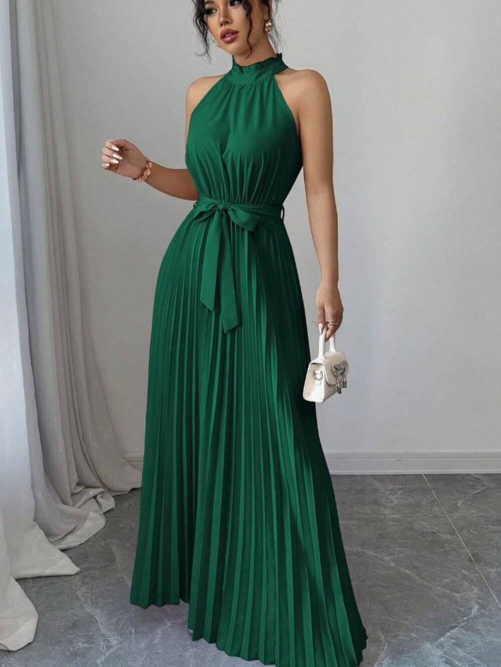 Dark Green Elegant Women's pleated A-Line Dress - Picture 3 of 5